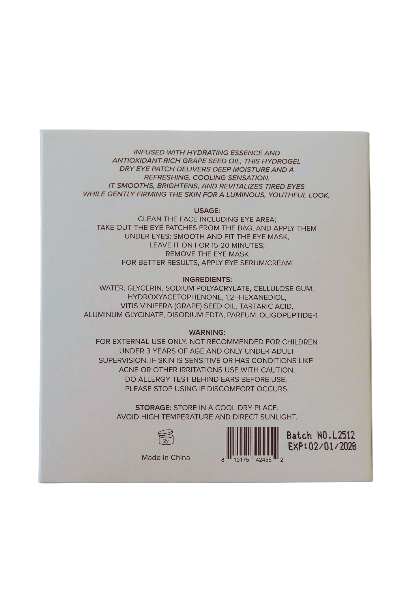 Back of an eye mask packaging with usage and ingredient information on a white background