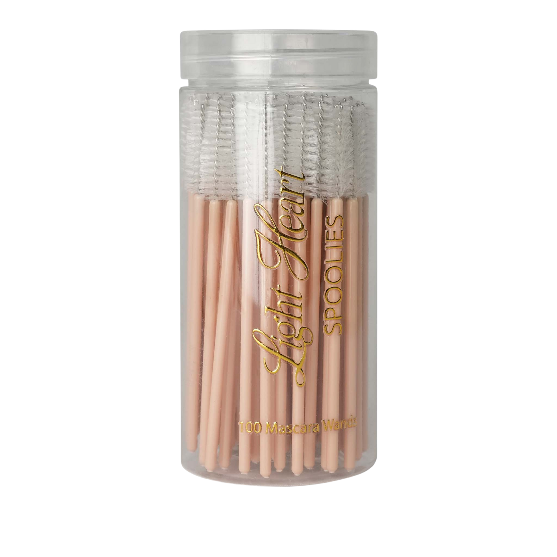 Light Heart Lashes Spoolies - jar of 100 disposable mascara wands with pink handles and clear bristle brush heads for lash extension aftercare