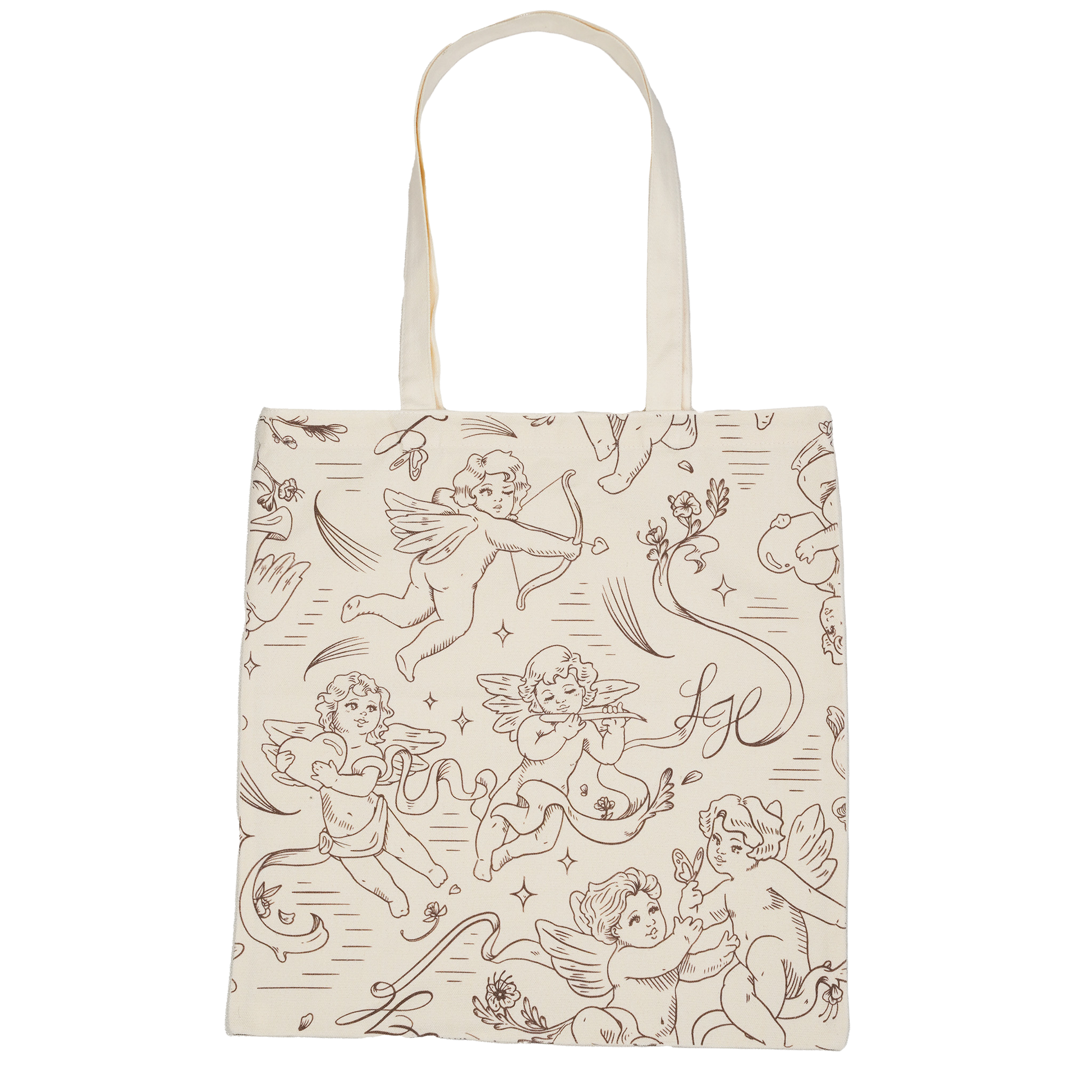 Light Heart Lashes canvas tote bag with cherub angel print, cream tote with brown line-art cupid design