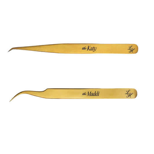 Light Heart Lashes gold tweezers - the Katy fine-tip curved tweezers and the Maddi boot-tip tweezers for eyelash extension application