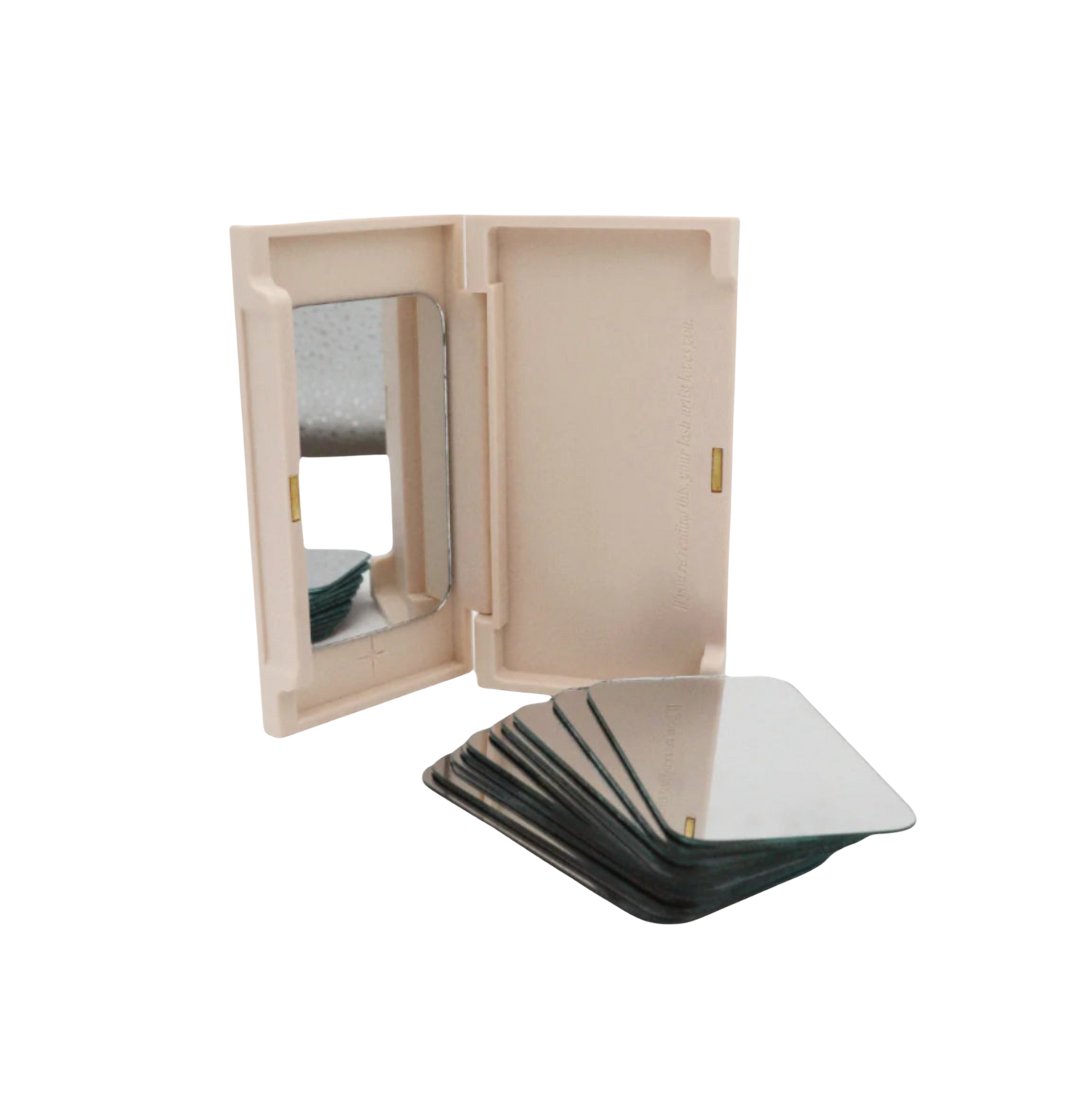 Light Heart Lashes empty lash tray case with built-in mirror, shown beside stack of mirrored insert cards